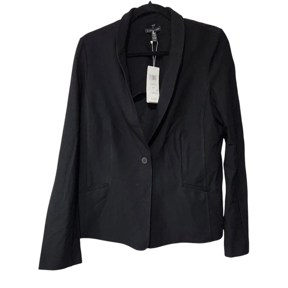 Eileen Fisher Black Stand Collar One Button Blazer Size M New With Tag - Picture 3 of 7